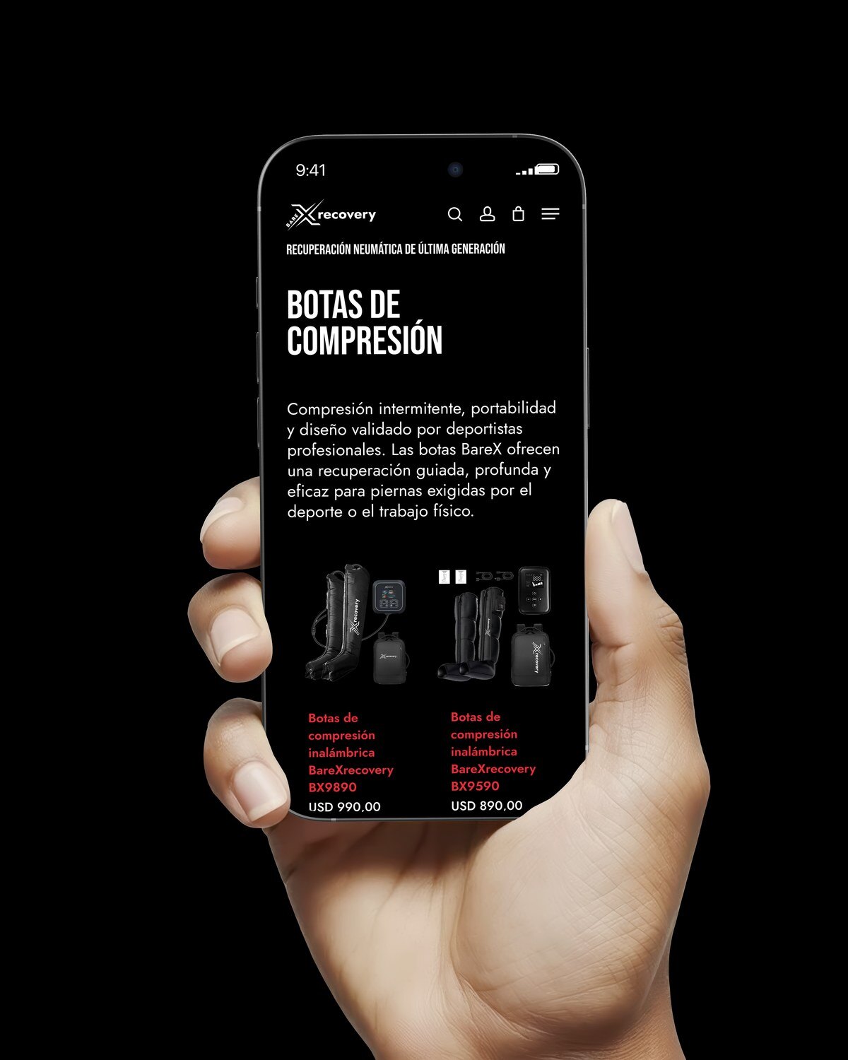 La página Recovery en el celular: las botas de compresión con su explicación y sus precios
