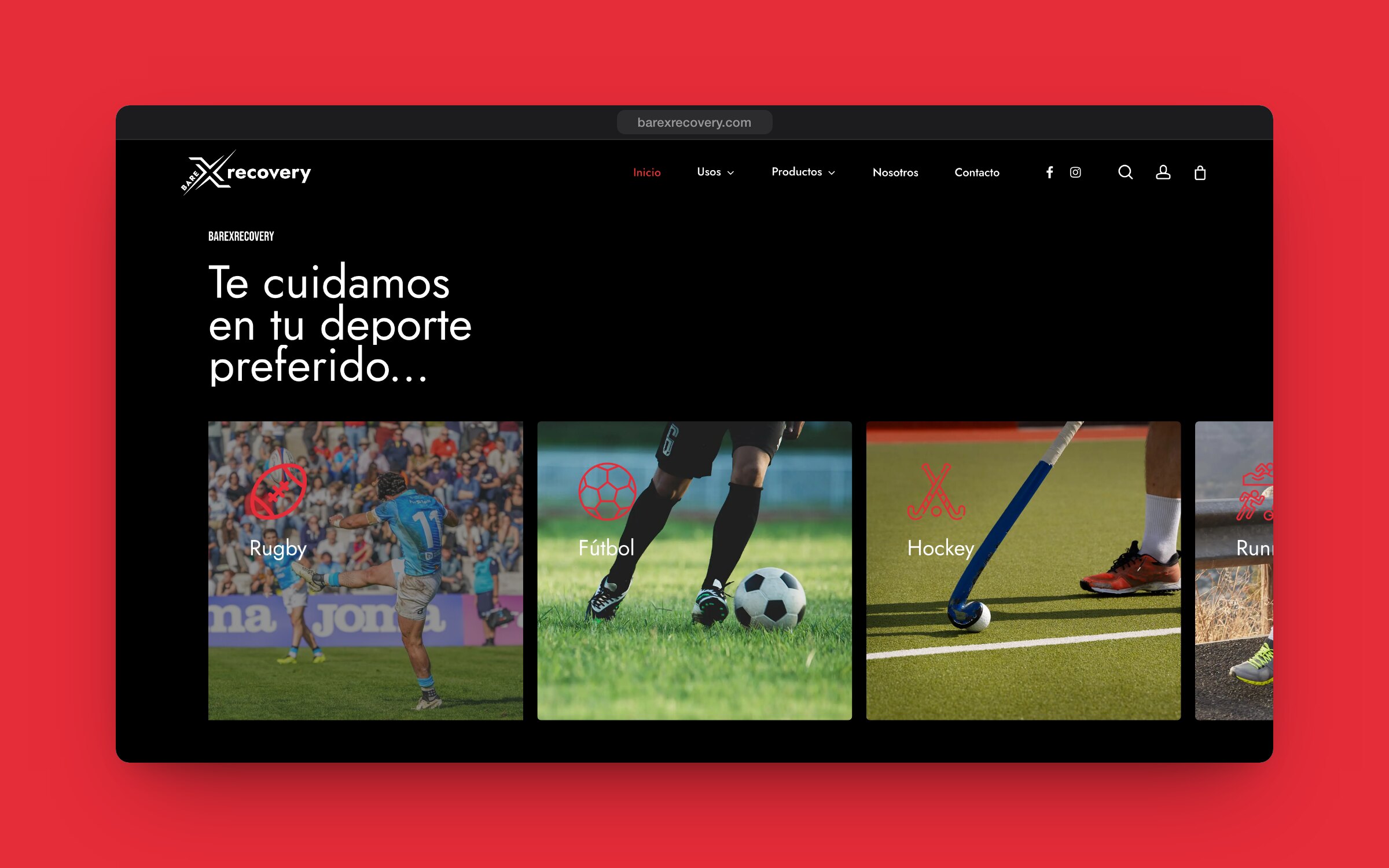 La entrada por deporte de la portada: Rugby, Fútbol, Hockey y Running, cada uno con su ícono