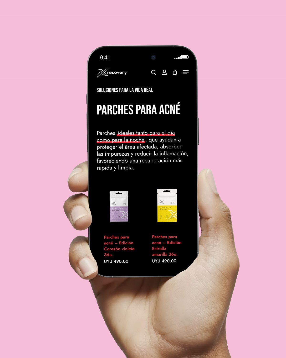 La página de BareXhealth en el celular: los parches para acné con sus precios