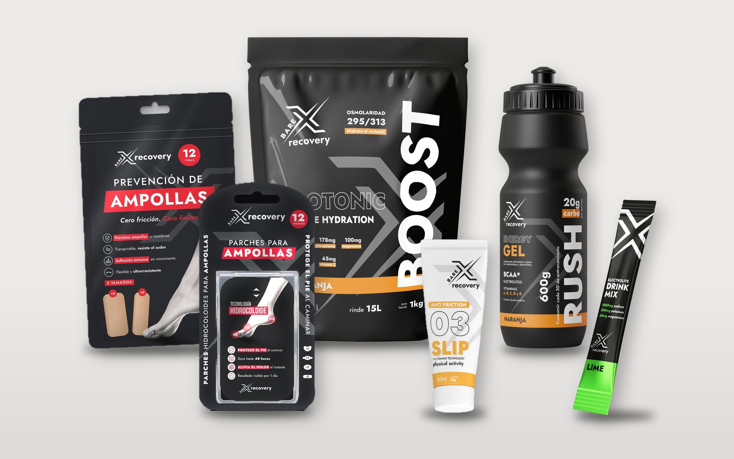 La familia de empaques: Prevención de ampollas, Parches para ampollas, 03 Slip, Isotonic Boost, Rush Energy Gel y Electrolyte Drink Mix