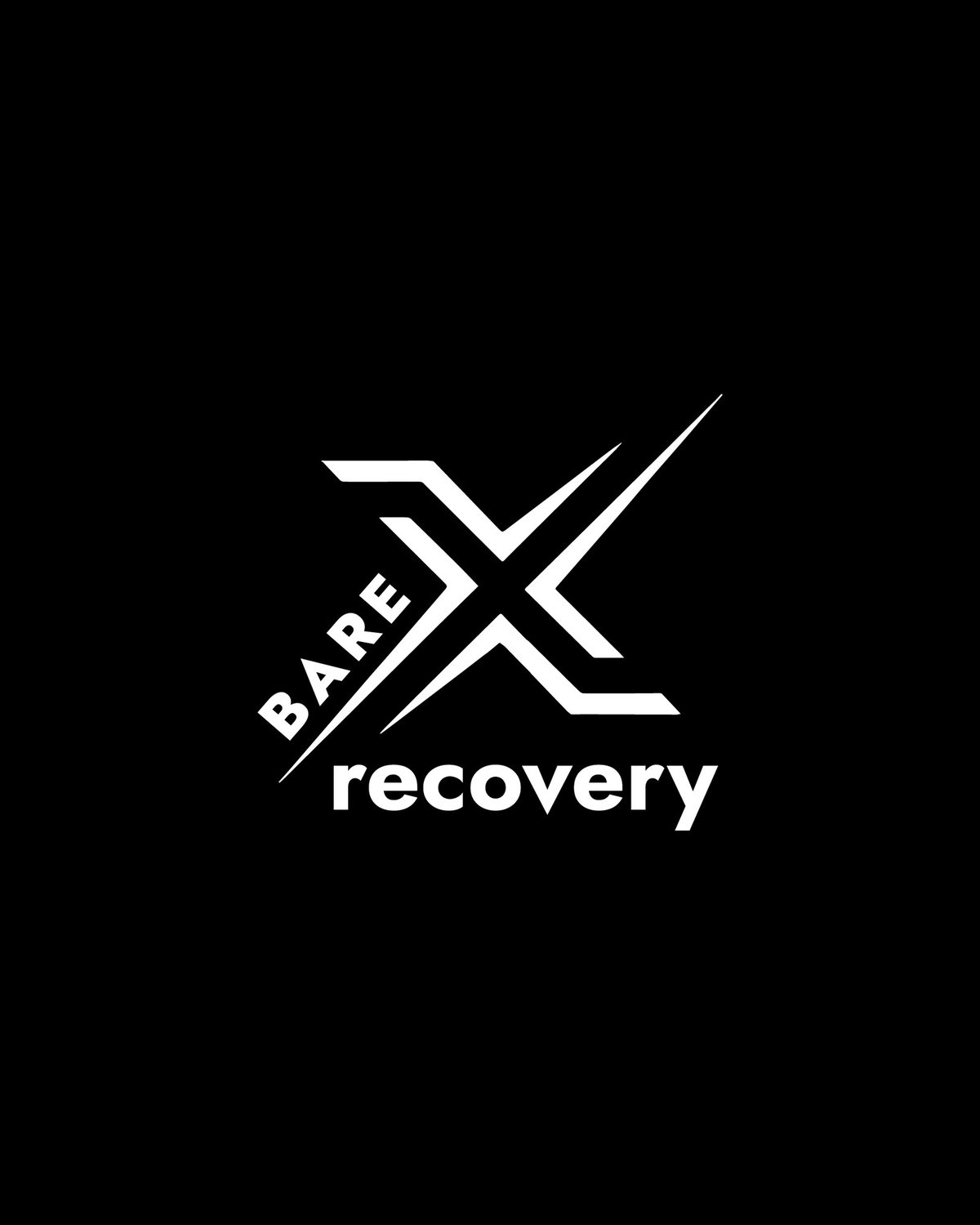 Logotipo vertical de BareXrecovery en blanco sobre negro