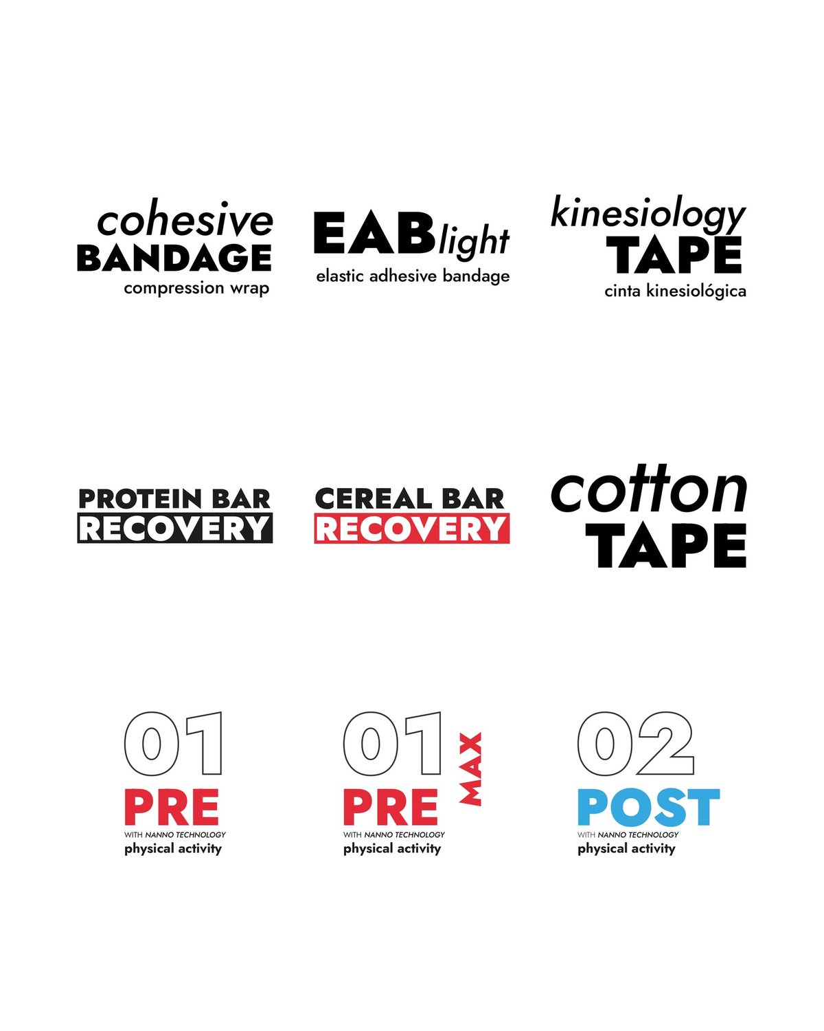 Logotipos de cada familia: cohesive BANDAGE, EABlight, kinesiology TAPE, Protein Bar y Cereal Bar Recovery, cotton TAPE, 01 PRE, 01 PRE MAX y 02 POST