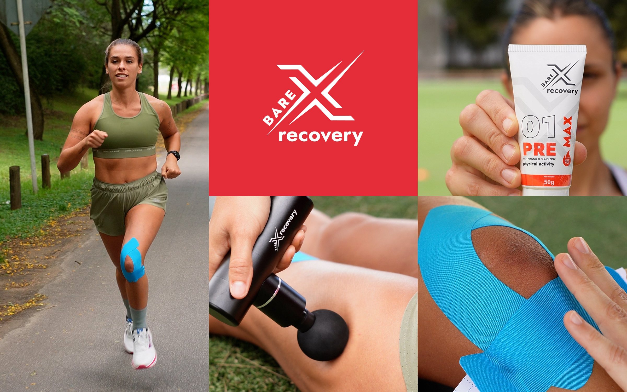 Una corredora con cinta kinesiológica en la rodilla, el logo de BareXrecovery sobre rojo, la crema 01 PRE MAX, el martillo masajeador y cinta en el hombro