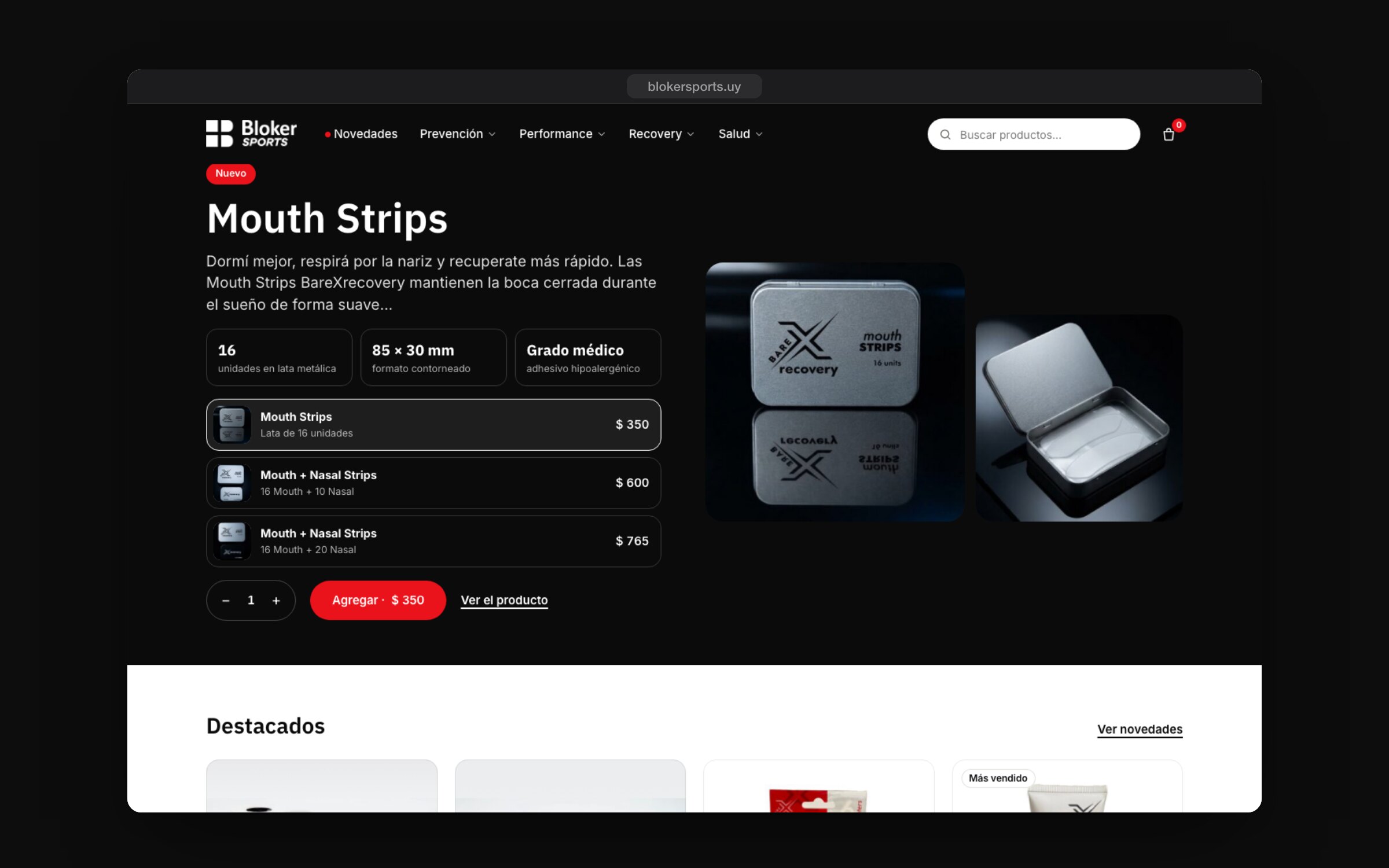La oferta de Mouth Strips en la portada, con los packs por cantidad y el botón para agregar al carrito