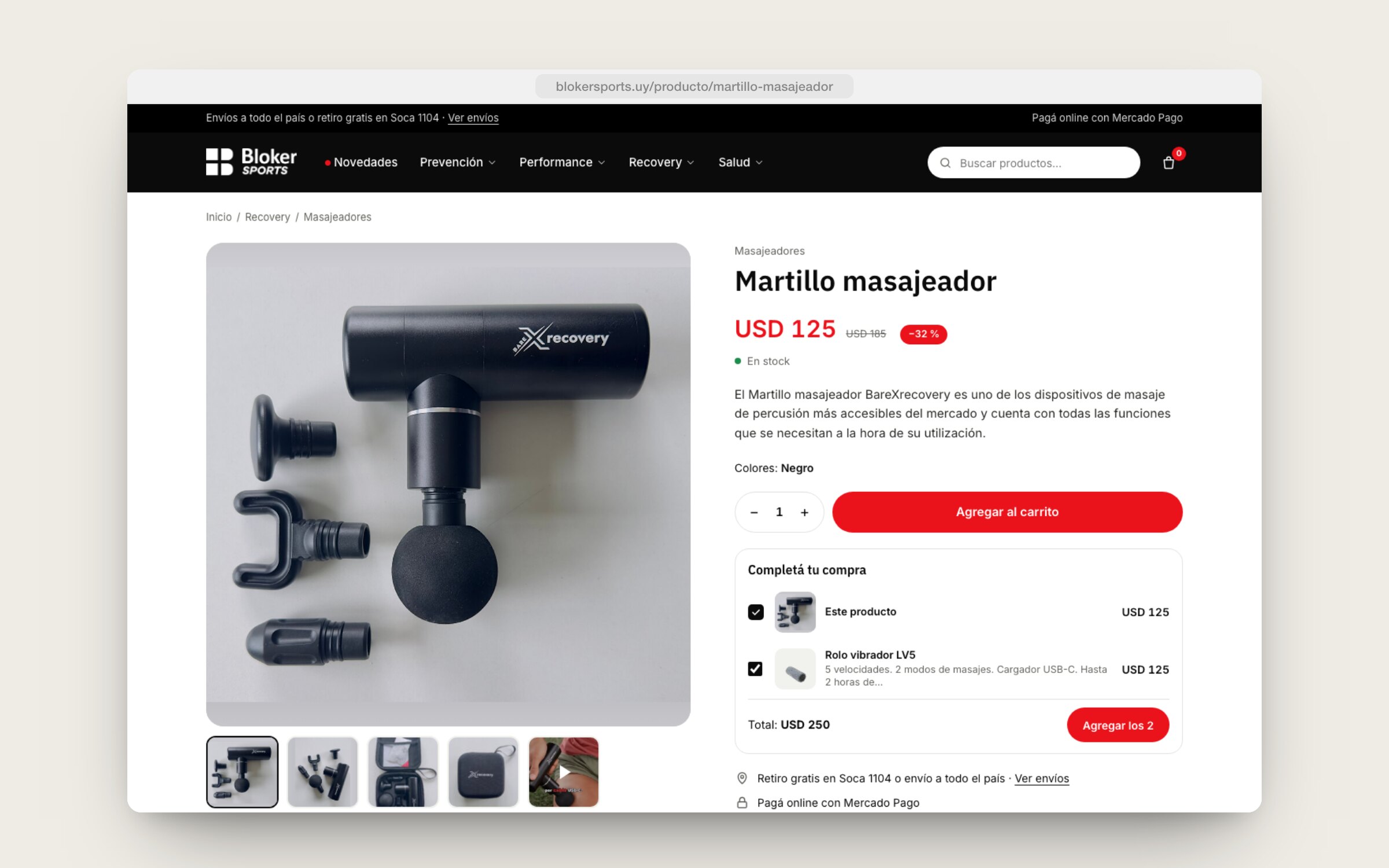 La ficha del martillo masajeador, con la sugerencia para completar la compra