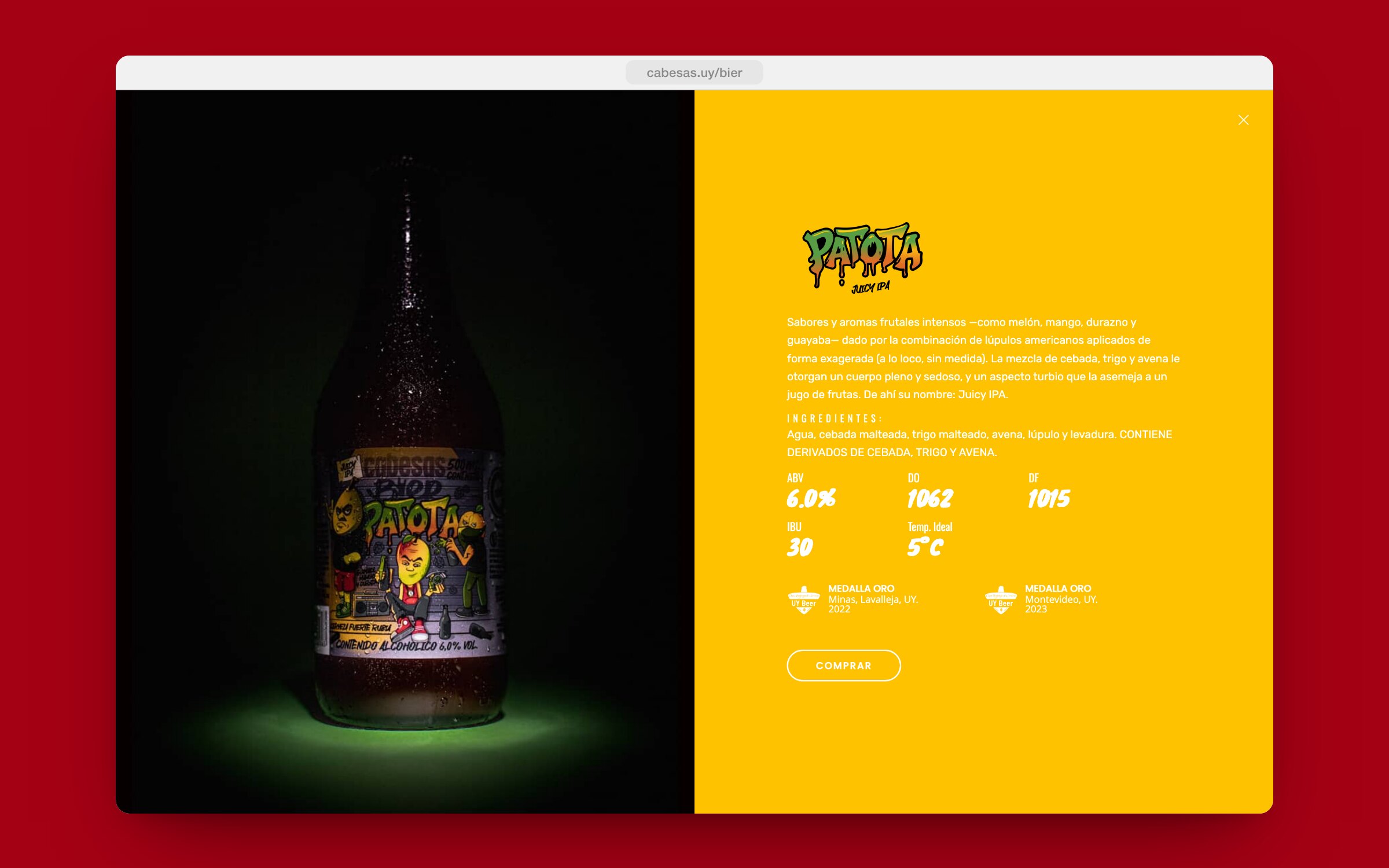 La ficha de Patota en el sitio de Bier, con sus datos, sus medallas y el botón Comprar