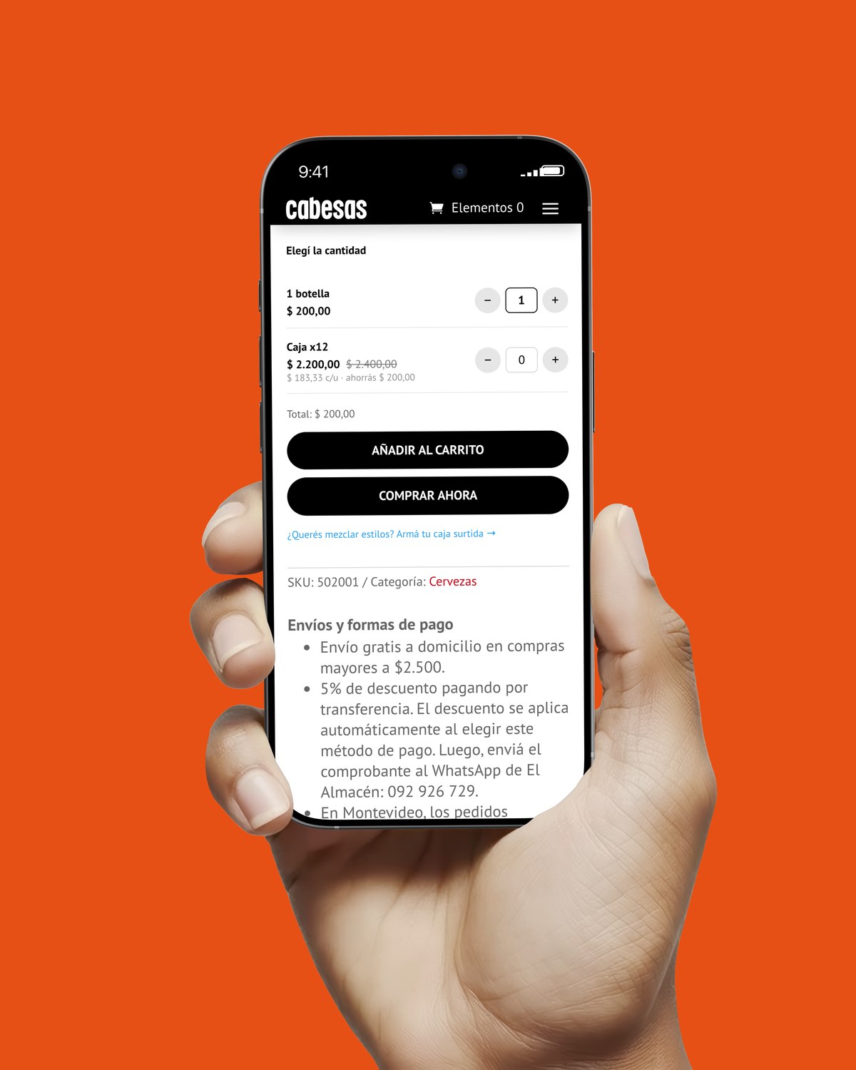 El selector de cantidad en un celular: una botella a $ 200 o la caja de 12 a $ 2.200, y los envíos y formas de pago