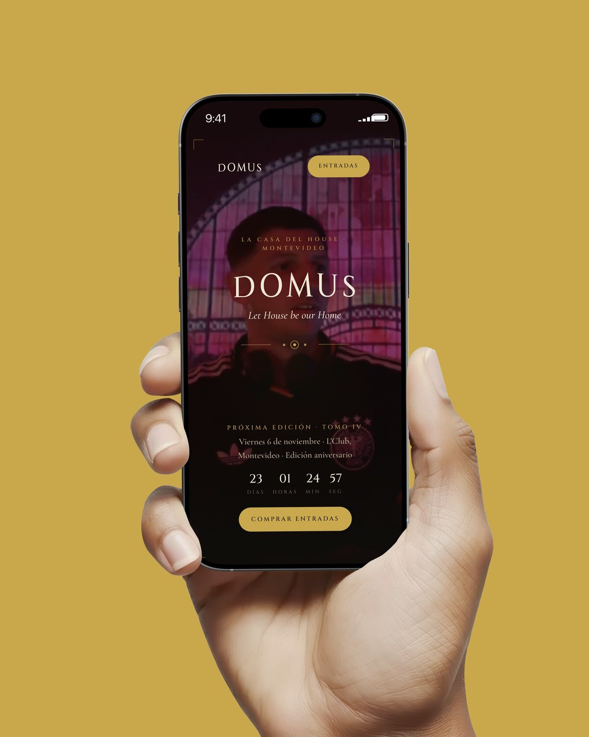 domus.music en un celular: la portada con la próxima edición y el botón para comprar entradas