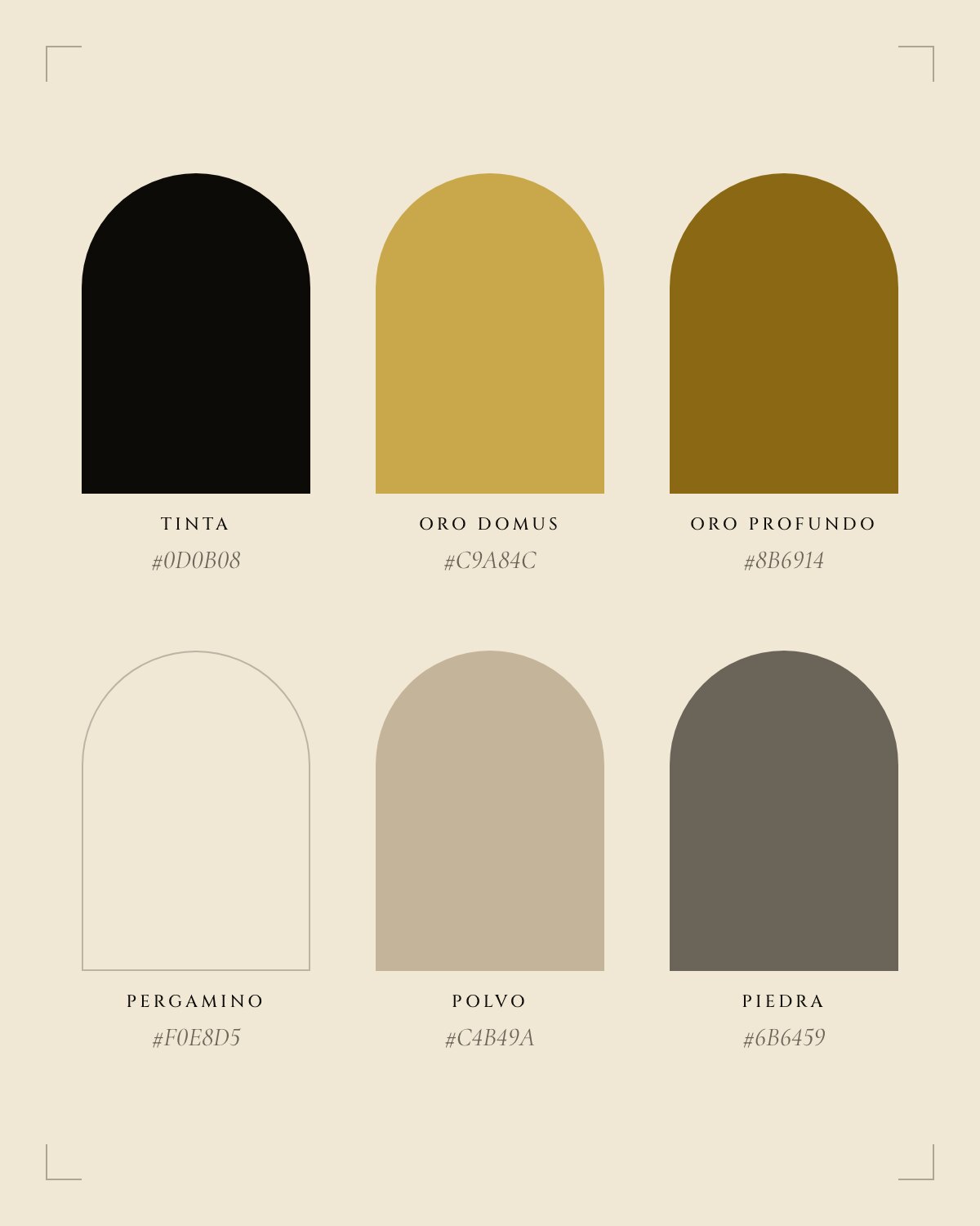 Los seis colores de Domus en arcos: tinta, oro Domus, oro profundo, pergamino, polvo y piedra
