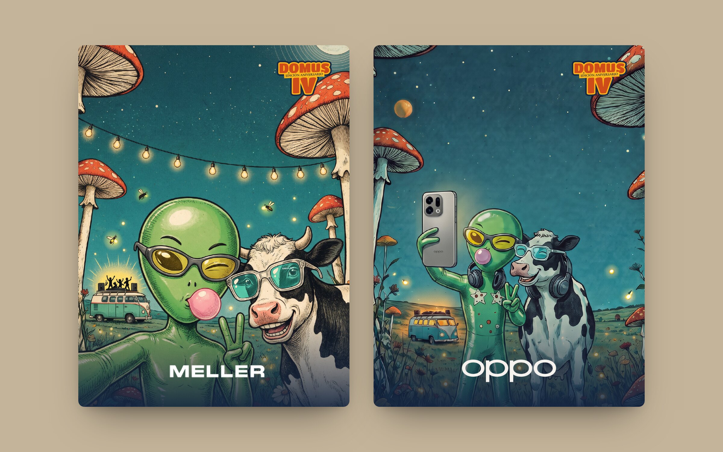 Las piezas del Tomo IV para Meller y OPPO: el alien y la vaca con lentes Meller, y la misma pareja sacándose una selfie con un OPPO