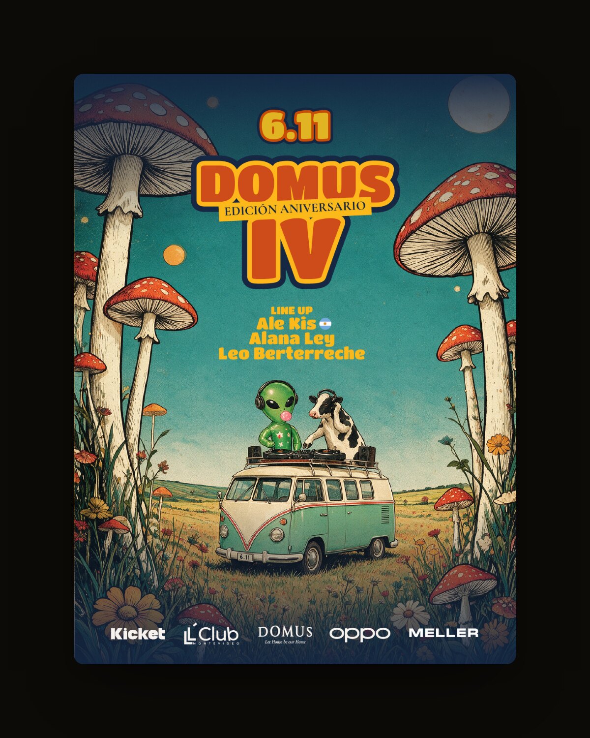 Flyer del Tomo IV, edición aniversario: hongos, la combi en el campo y el line-up con Ale Kis, Alana Ley y Leo Berterreche