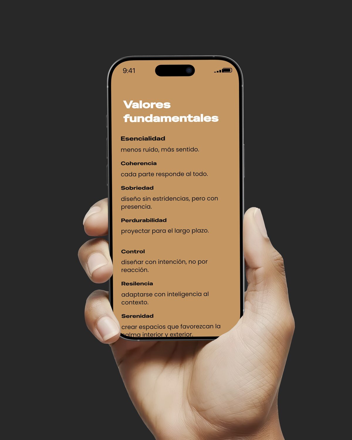 Los valores de Estoico en la página Nosotros, en un celular: esencialidad, coherencia, sobriedad, perdurabilidad