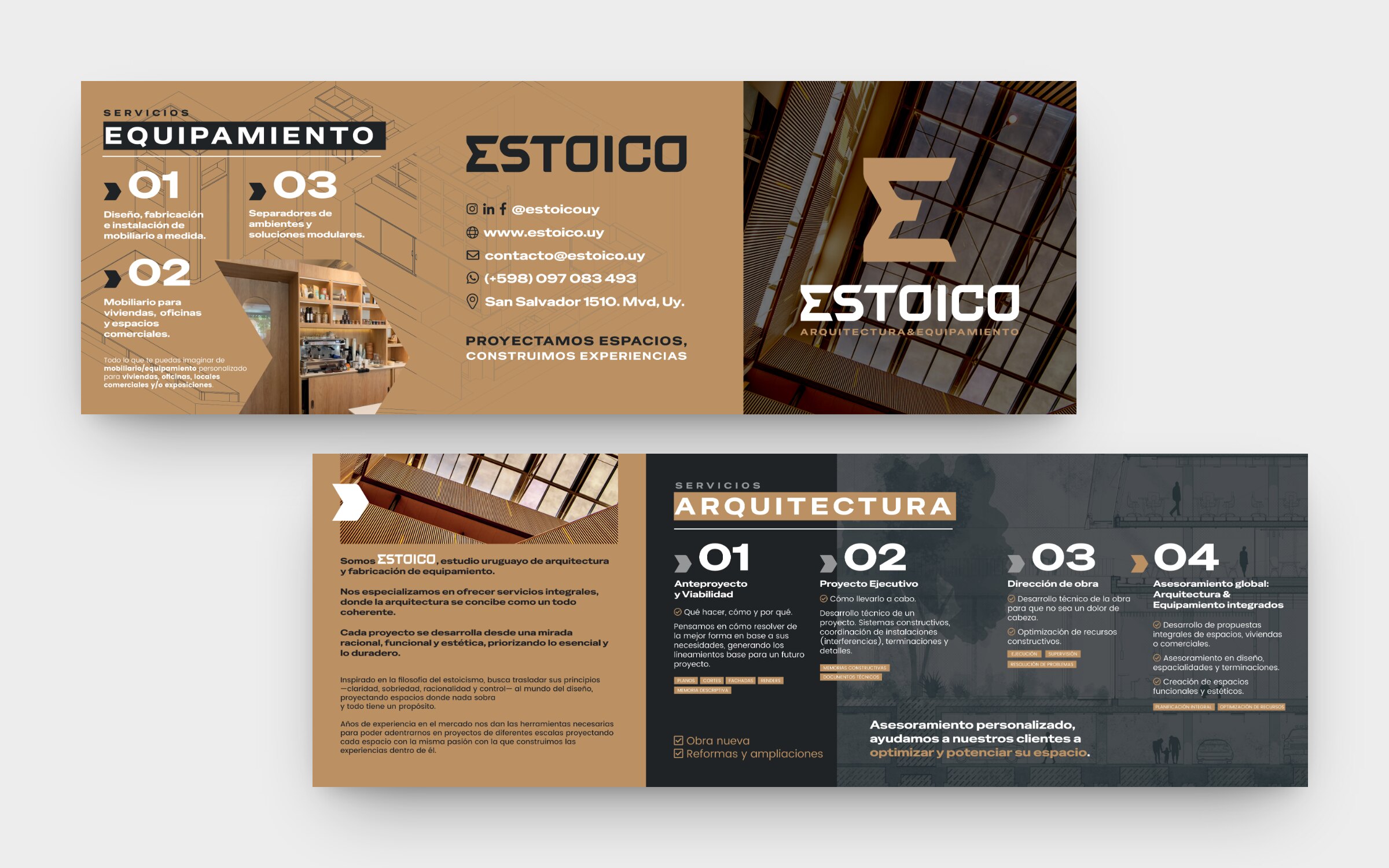Las dos caras del folleto desplegable: equipamiento, contacto y tapa; quiénes somos y los servicios de arquitectura