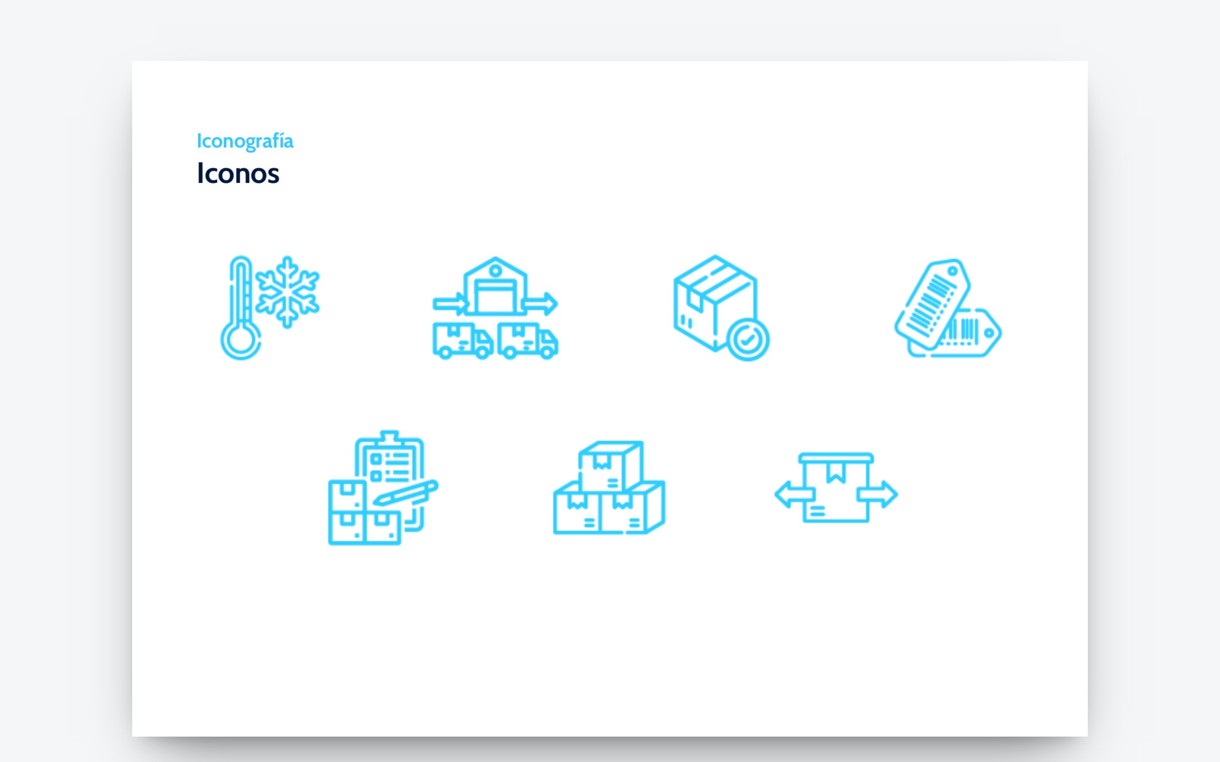 The iconography page of the guidelines: the service icons in light blue