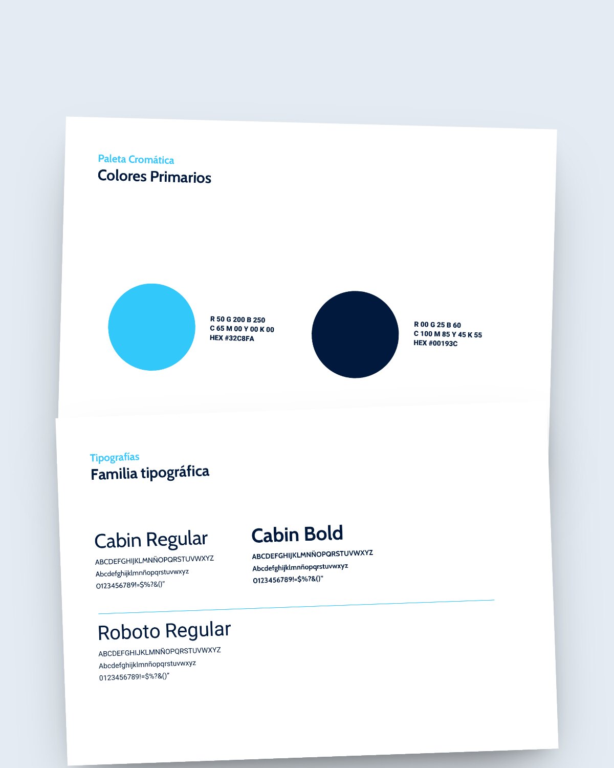 Two pages of the brand guidelines: the blue and light blue colors and the Cabin and Roboto typefaces