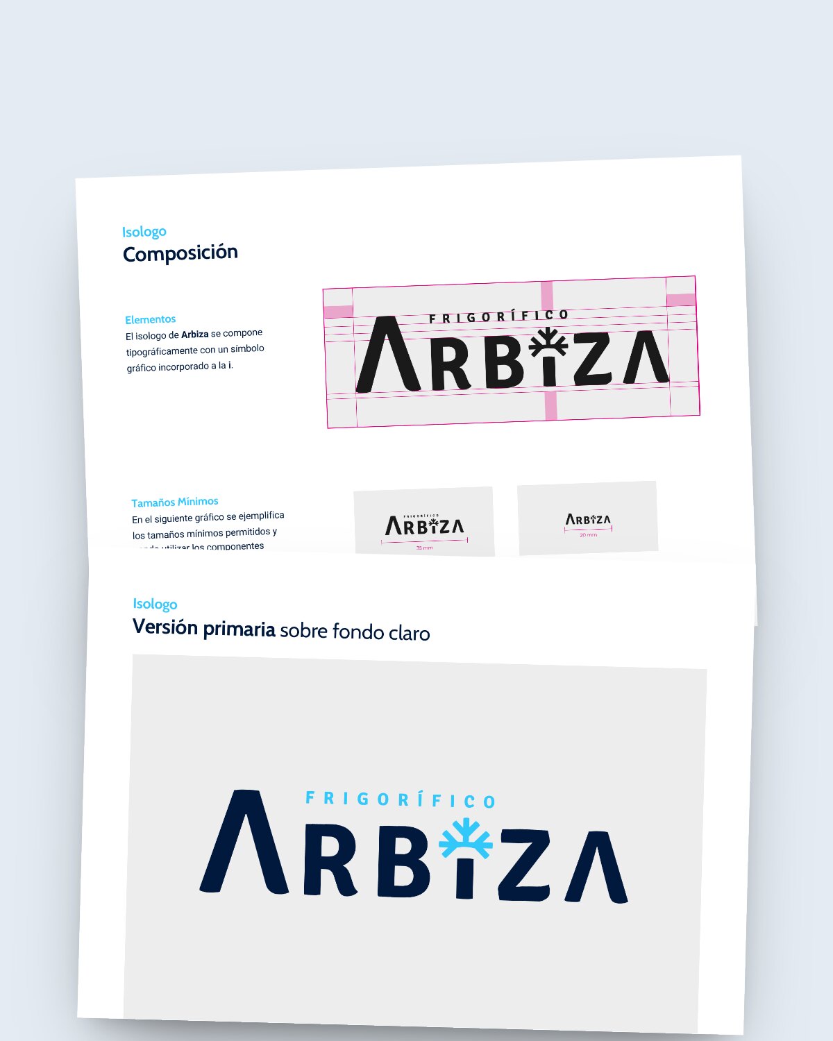 Two pages of the brand guidelines: the logo construction and the main version on a light background