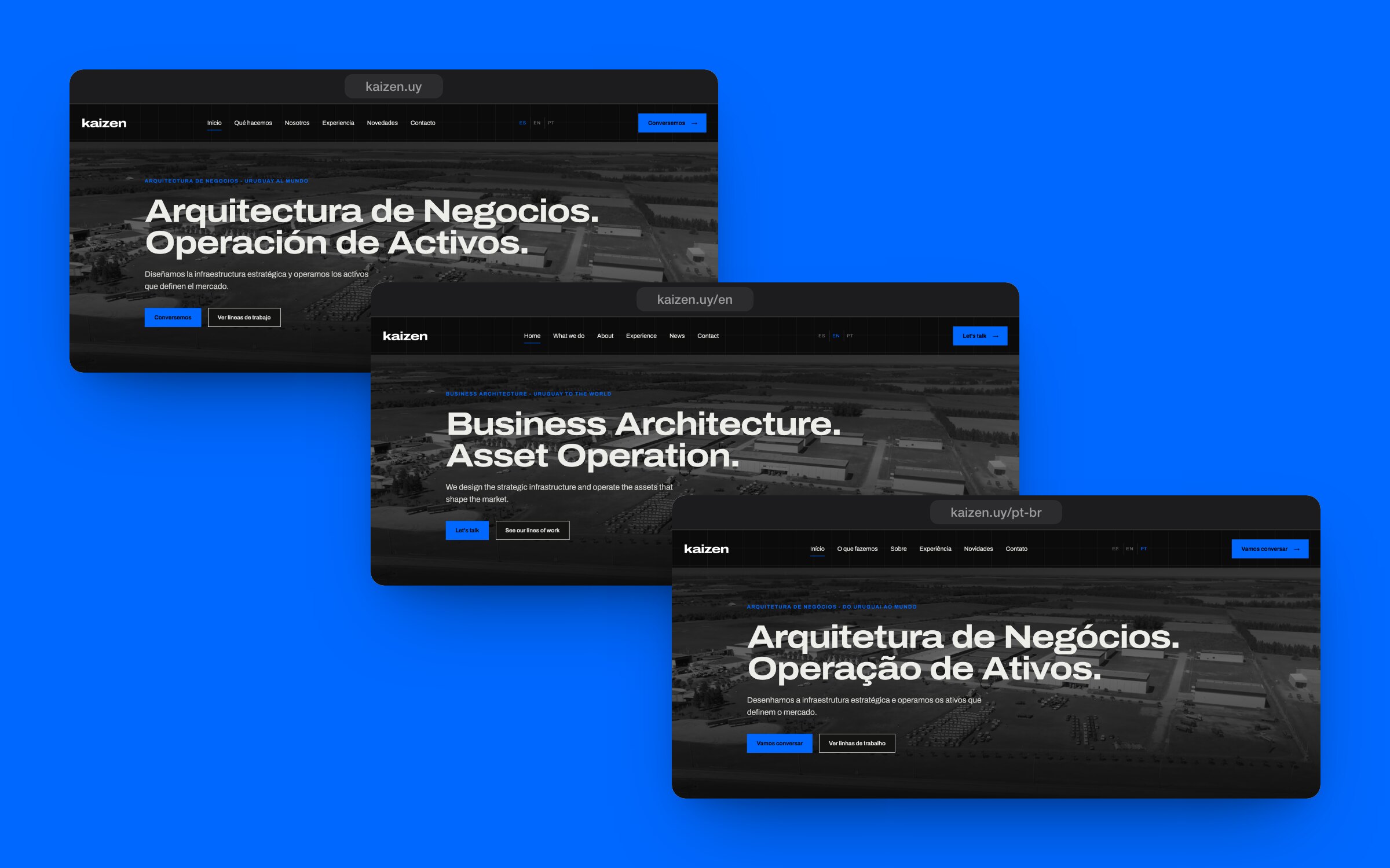 La portada de kaizen.uy en español, inglés y portugués