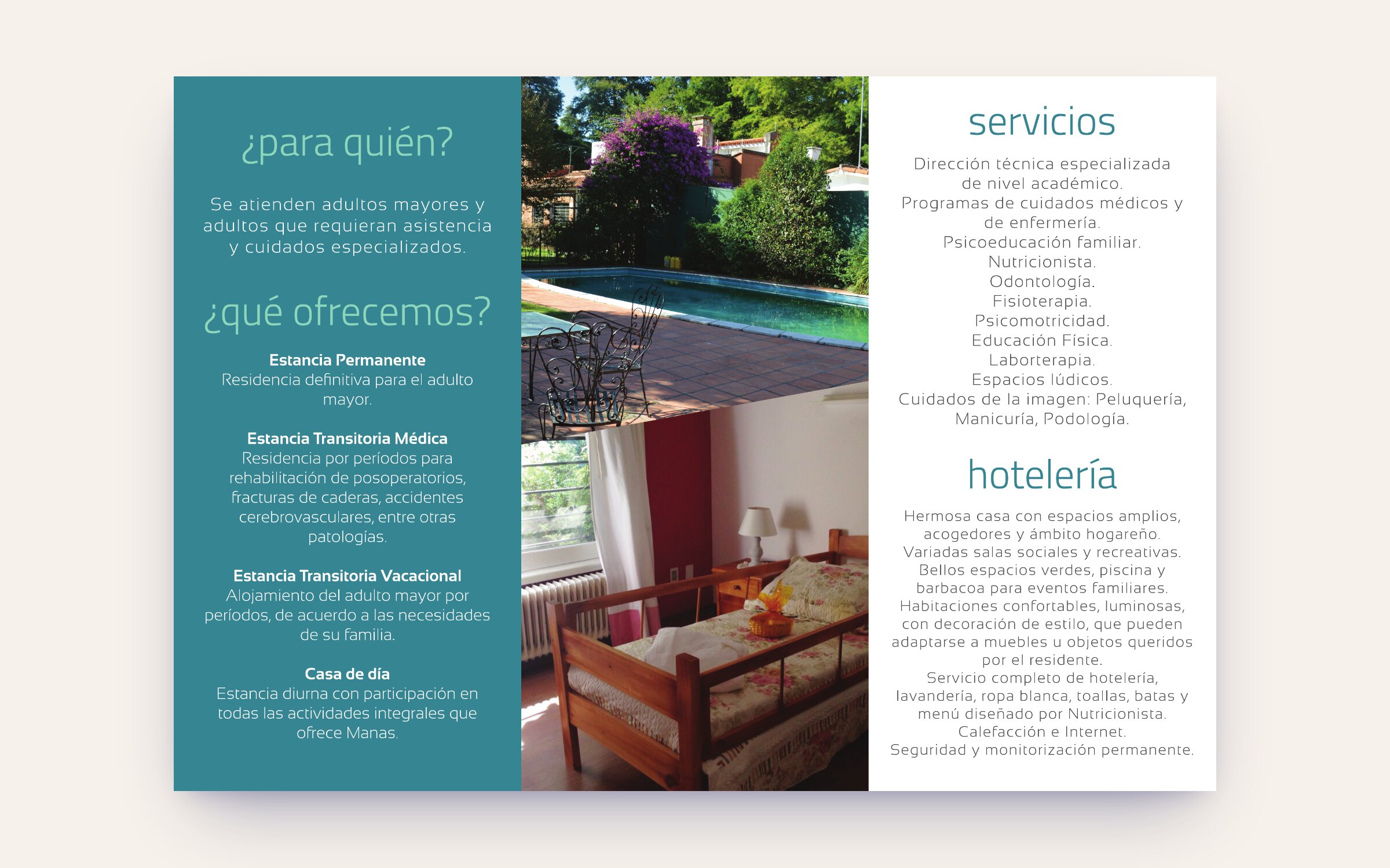 La cara interior del folleto de 2019: para quién, qué ofrecemos, servicios y hotelería
