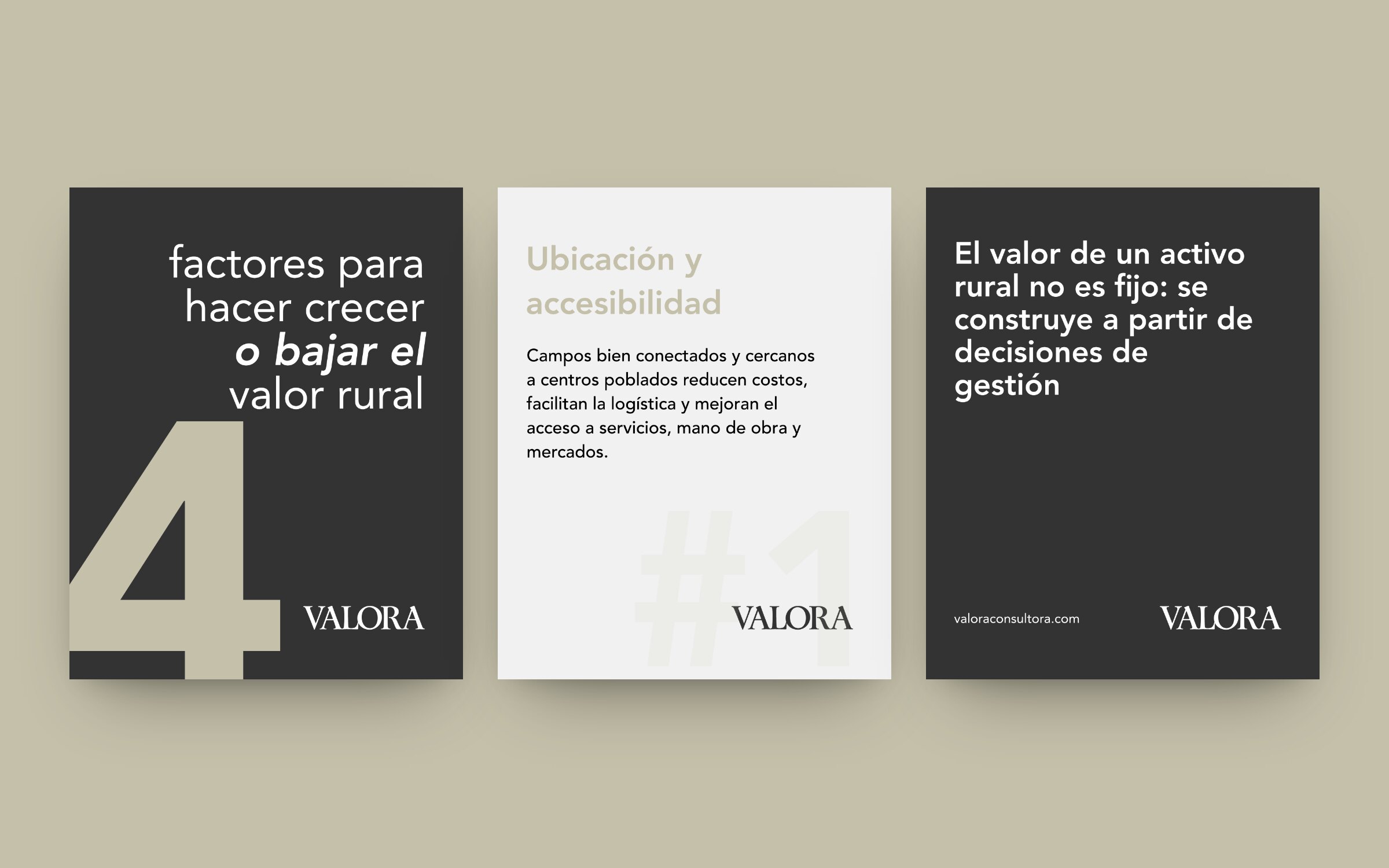 Tres slides del carrusel sobre los factores que hacen crecer o bajar el valor rural: la portada, el primer factor y el cierre